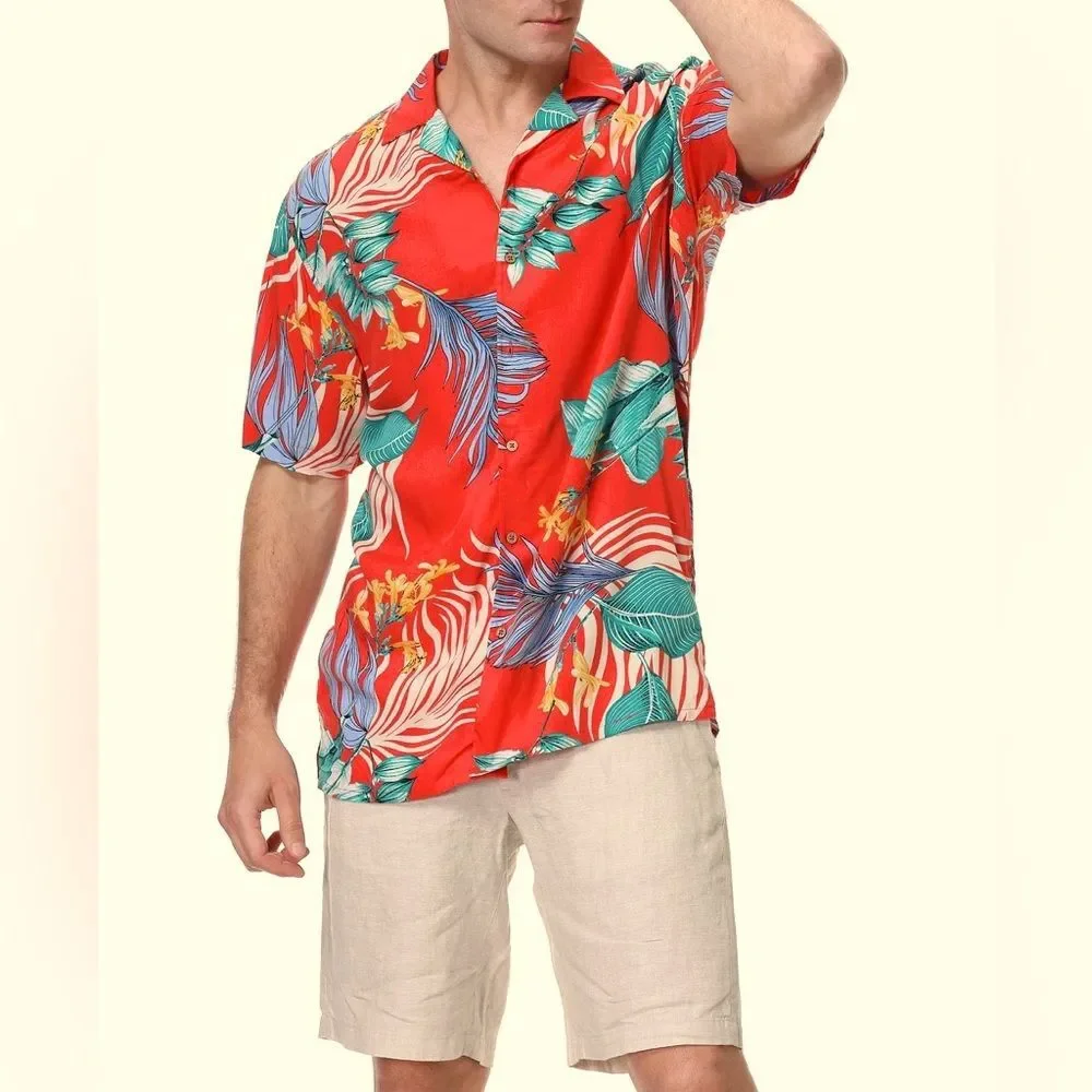 Alex Vando Premium Aloha Beach Hawaiian Button Down Shirt Orange Leaf Medium